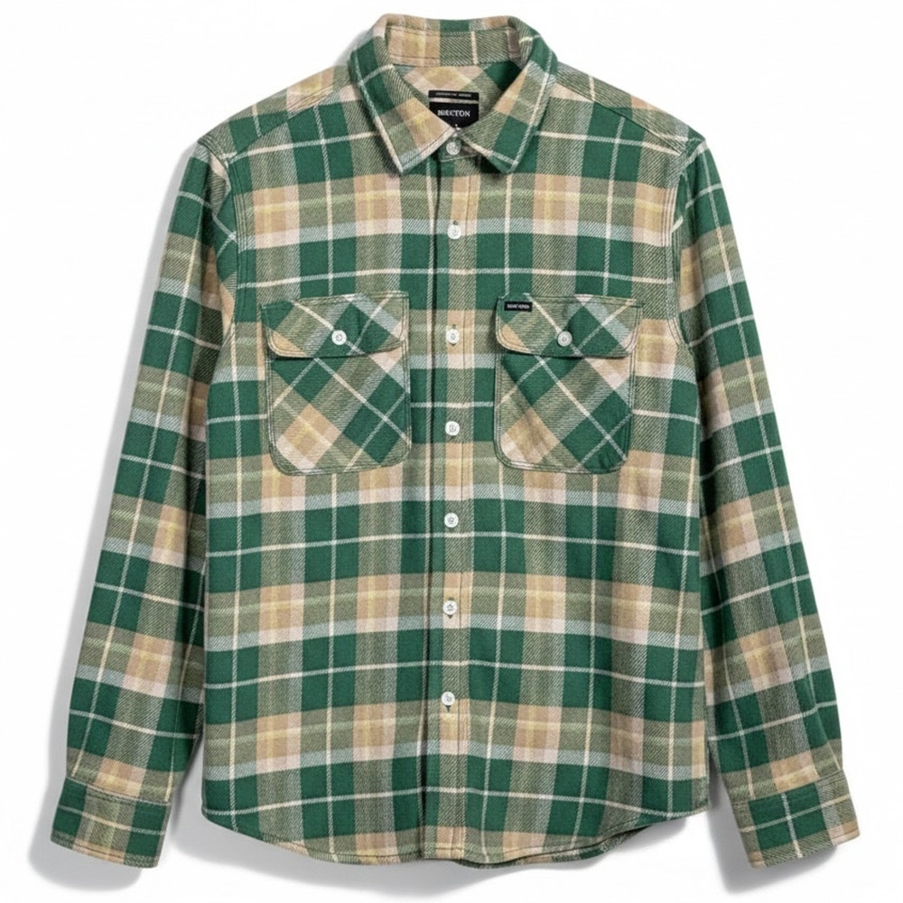 Brixton Green Tan Plaid Men's Small Standard Fit Bowery Flannel Shirt Shacket
